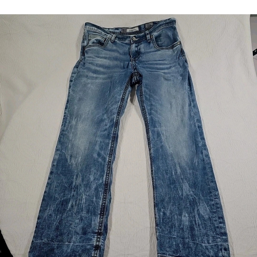 BKE Buckle Derek Bootleg Jeans Men’s 33S Blue Denim Whiskering Pants Stretch